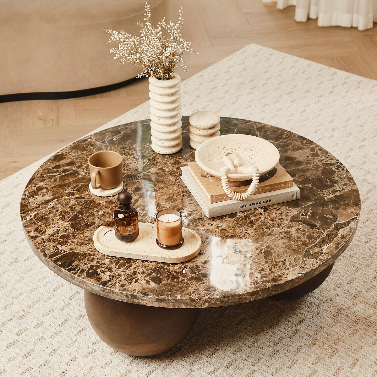 Melrose - Dark Emperador Marble Round Dark Wood Premium Coffee Table