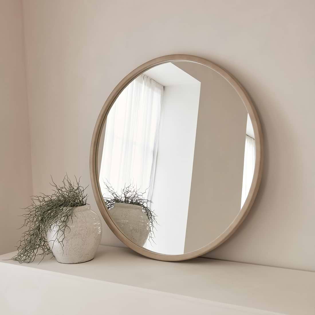 Arden Large Concrete Round Wooden Wall Mirror 90cm x 90cm