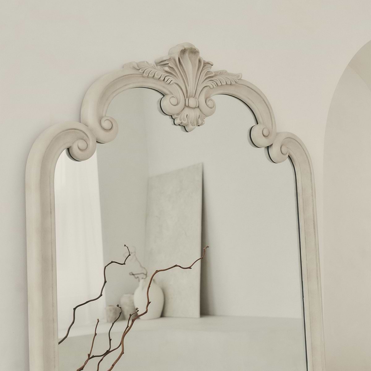 Detail shot of Full Length Extra Large Concrete Ornate Mirror top crest
