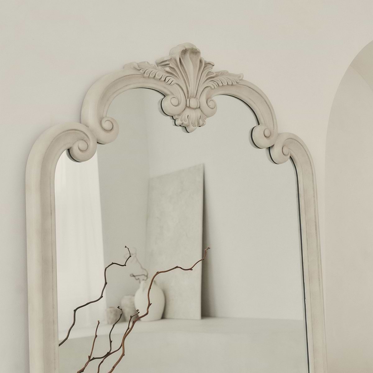 Detail shot of Full Length Extra Large Concrete Ornate Mirror top crest
