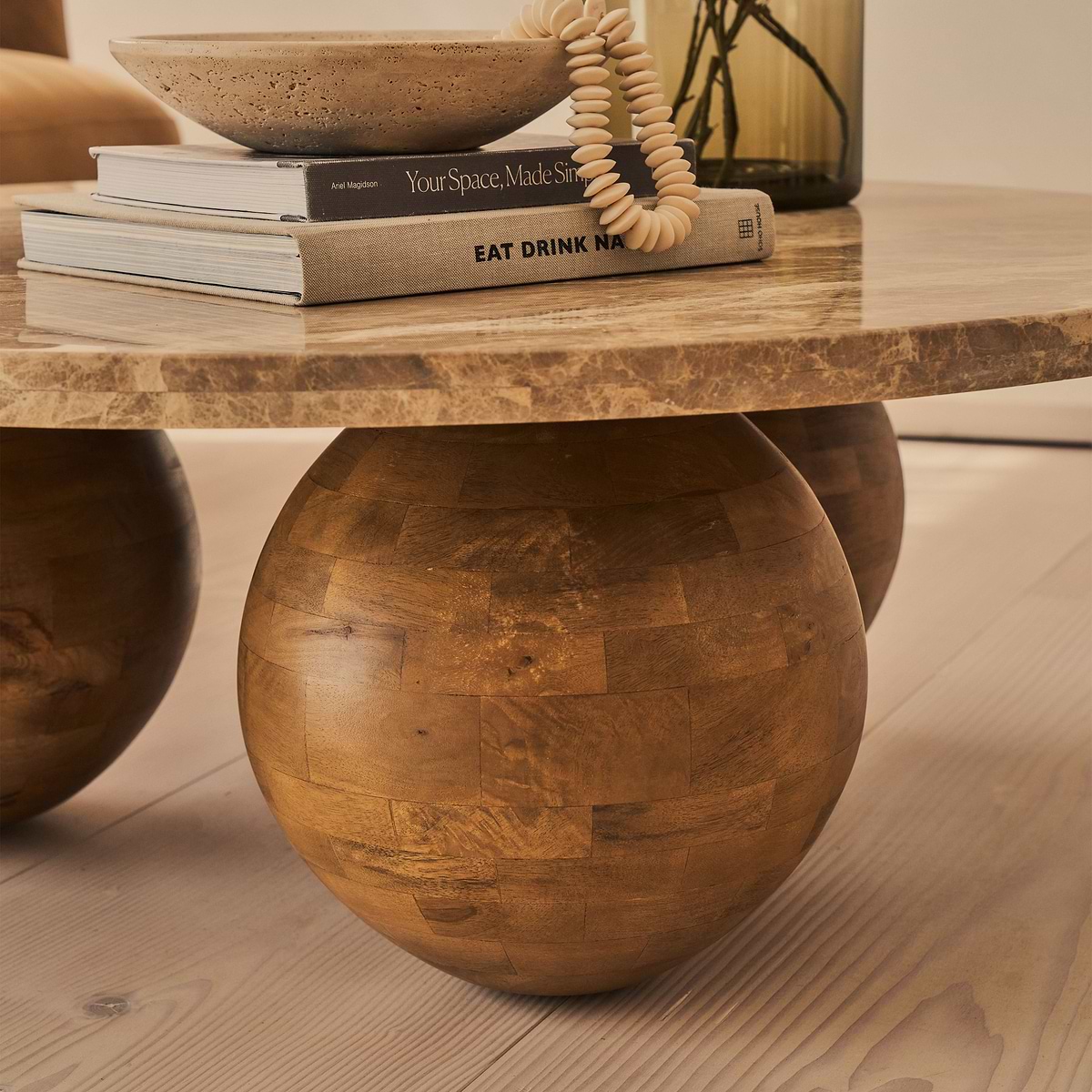 Melrose - Light Emperador Marble Round Warm Wood Premium Coffee Table