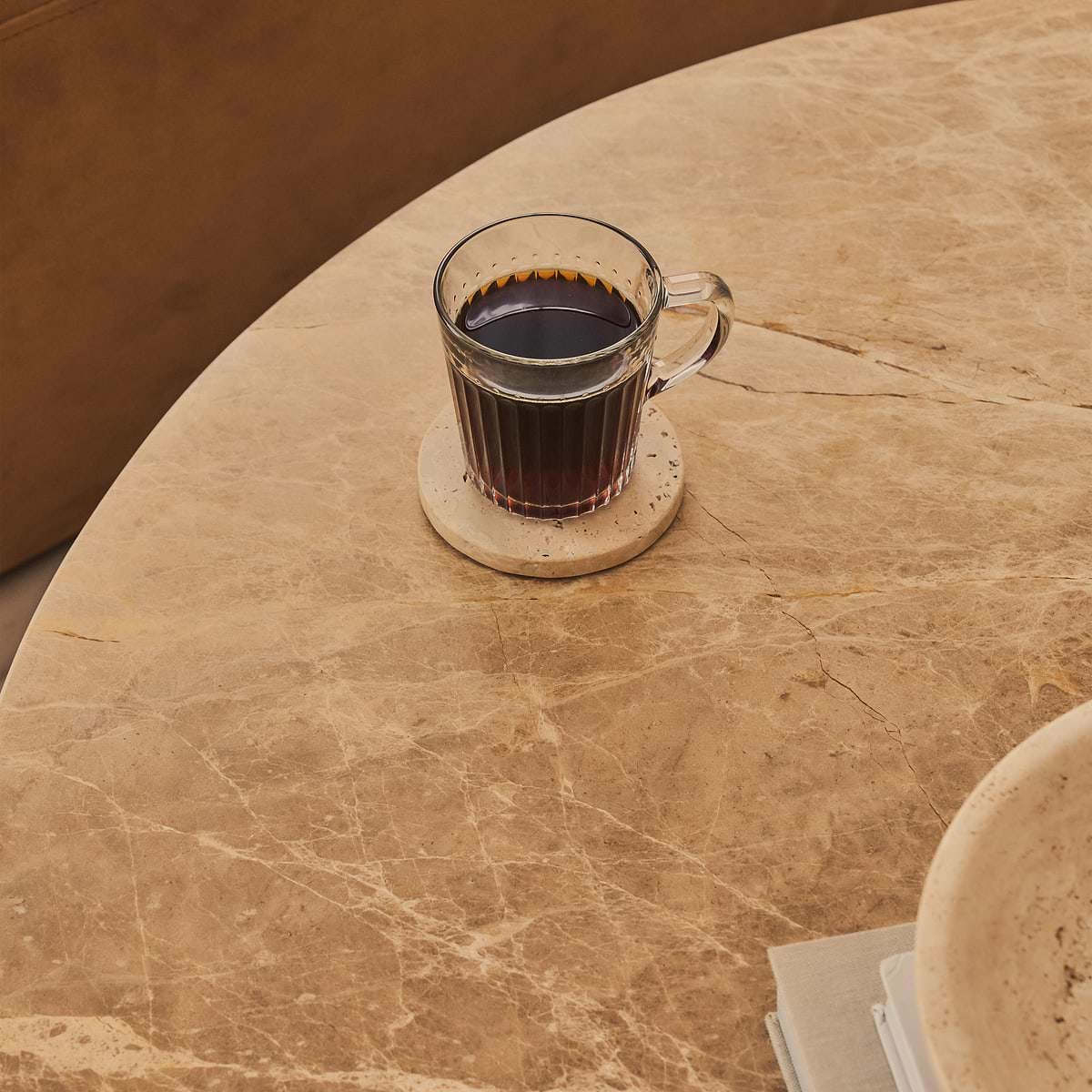 Melrose - Light Emperador Marble Round Warm Wood Premium Coffee Table