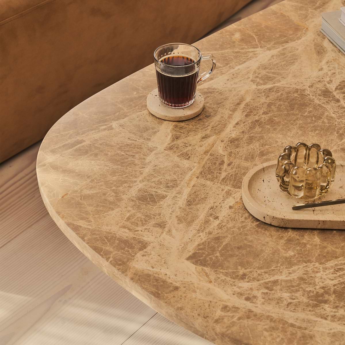 Melrose - Light Emperador Marble Irregular Warm Wood Premium Coffee Table