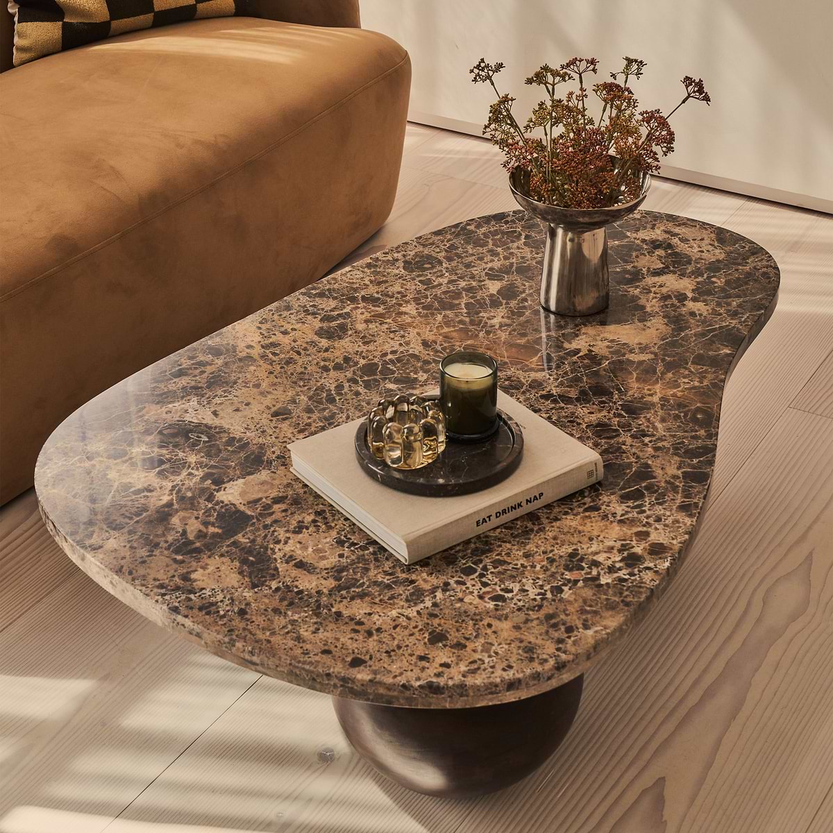 Melrose - Dark Emperador Marble Irregular Dark Wood Premium Coffee Table