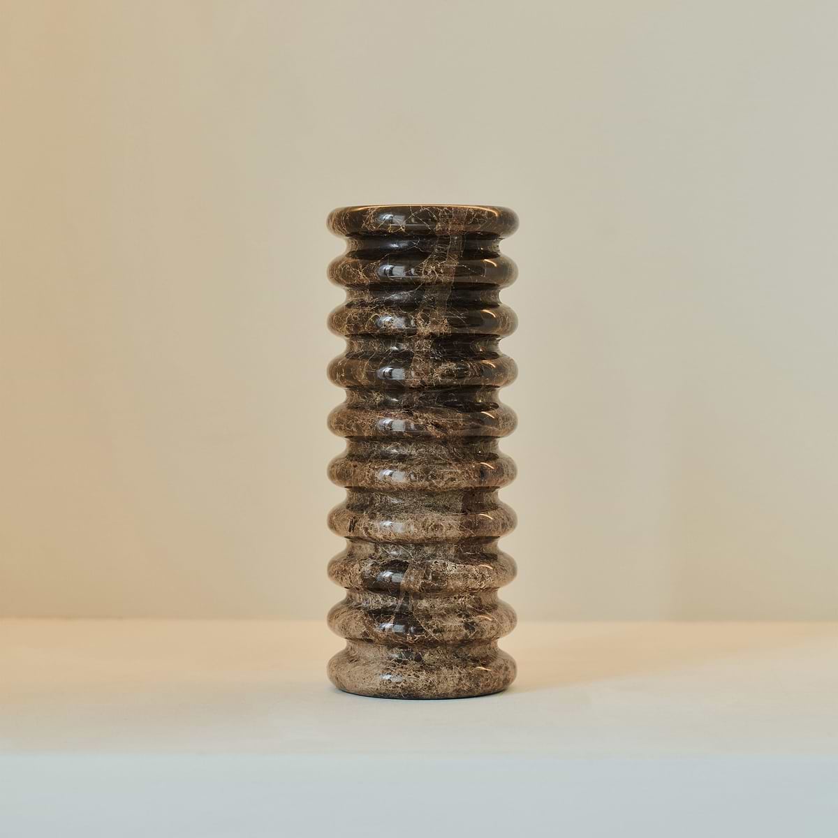 Varella - Large Dark Emperador Marble Ribbed Decorative Vase 25cm