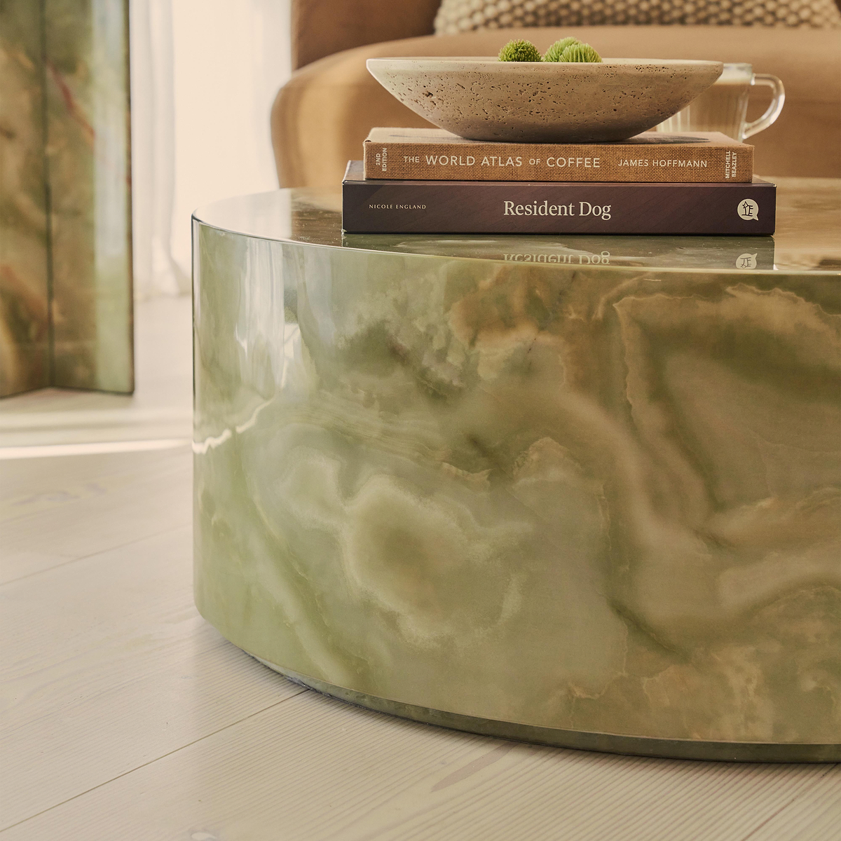 Atella - Green Onyx Round Premium Solid Marble Coffee Table