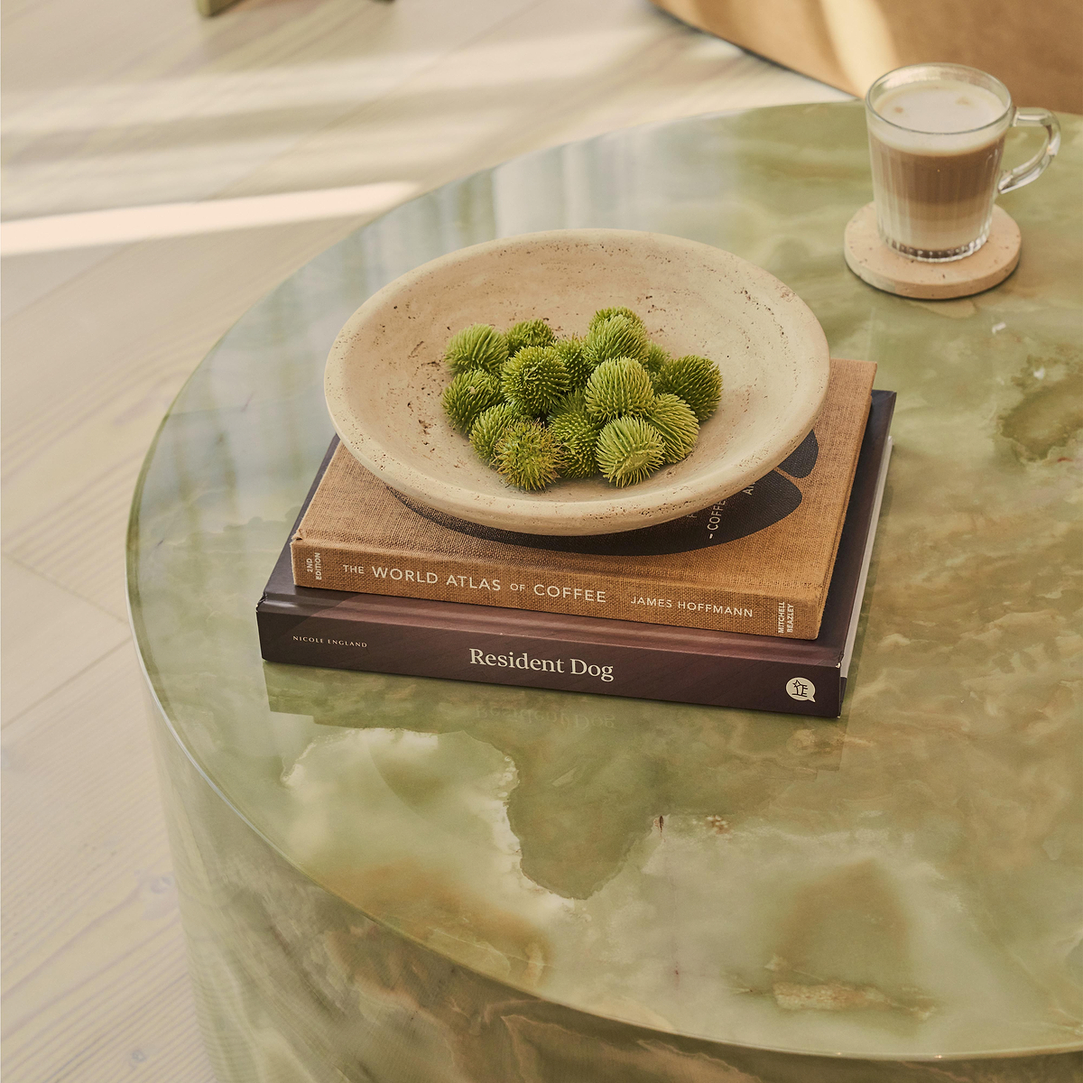 Atella - Green Onyx Round Premium Solid Marble Coffee Table