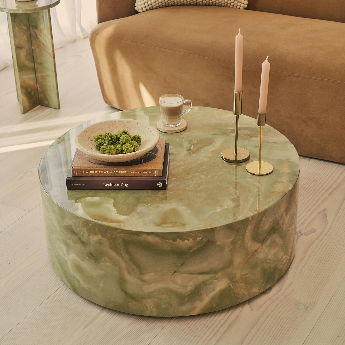 Atella - Green Onyx Round Premium Solid Marble Coffee Table