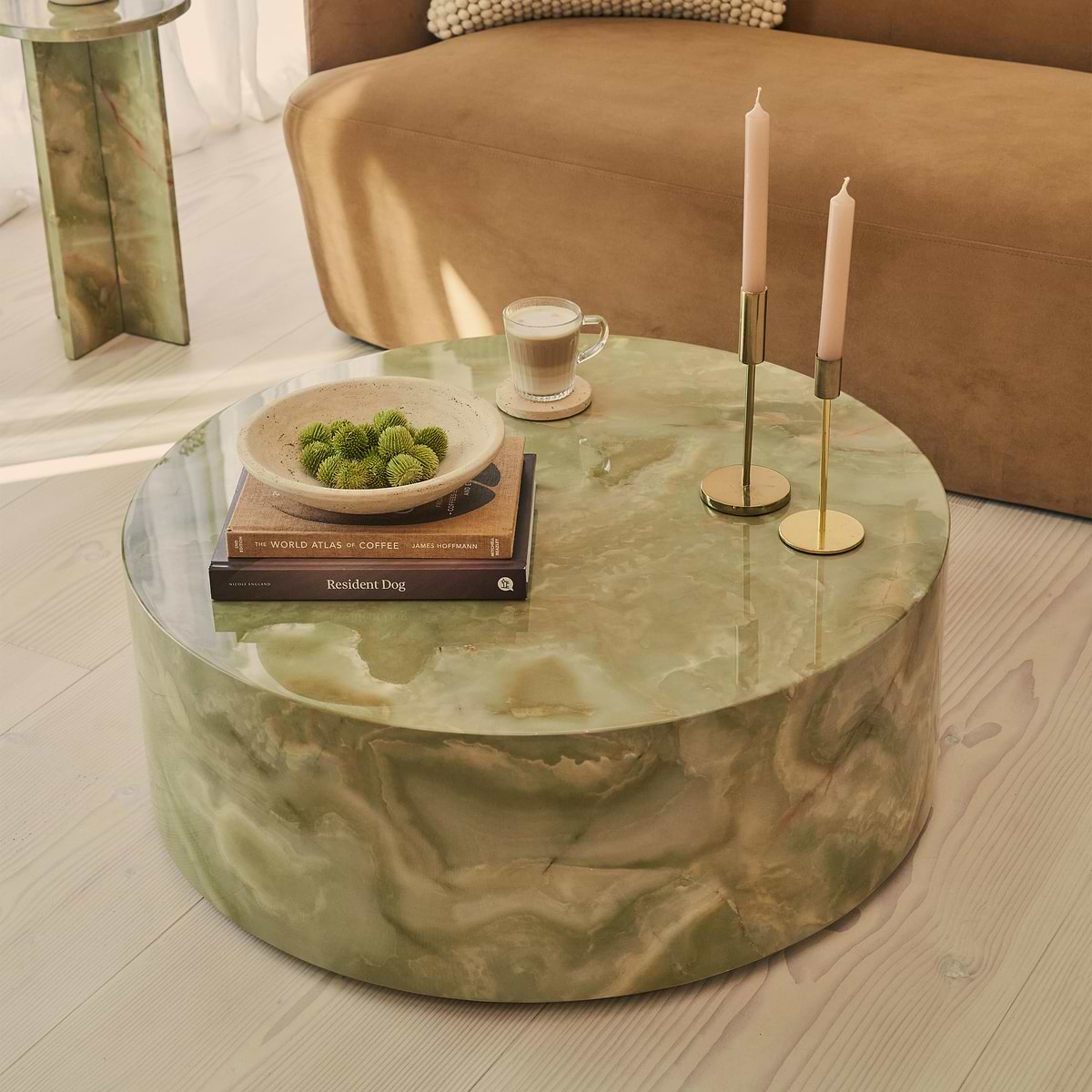 Atella - Green Onyx Round Premium Solid Marble Coffee Table