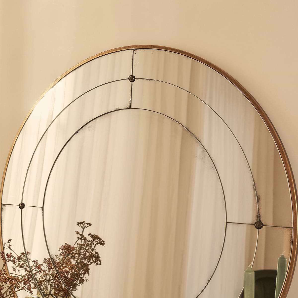 Teramo - Gold Antique Glass Round Metal Wall Mirror 90cm x 90cm