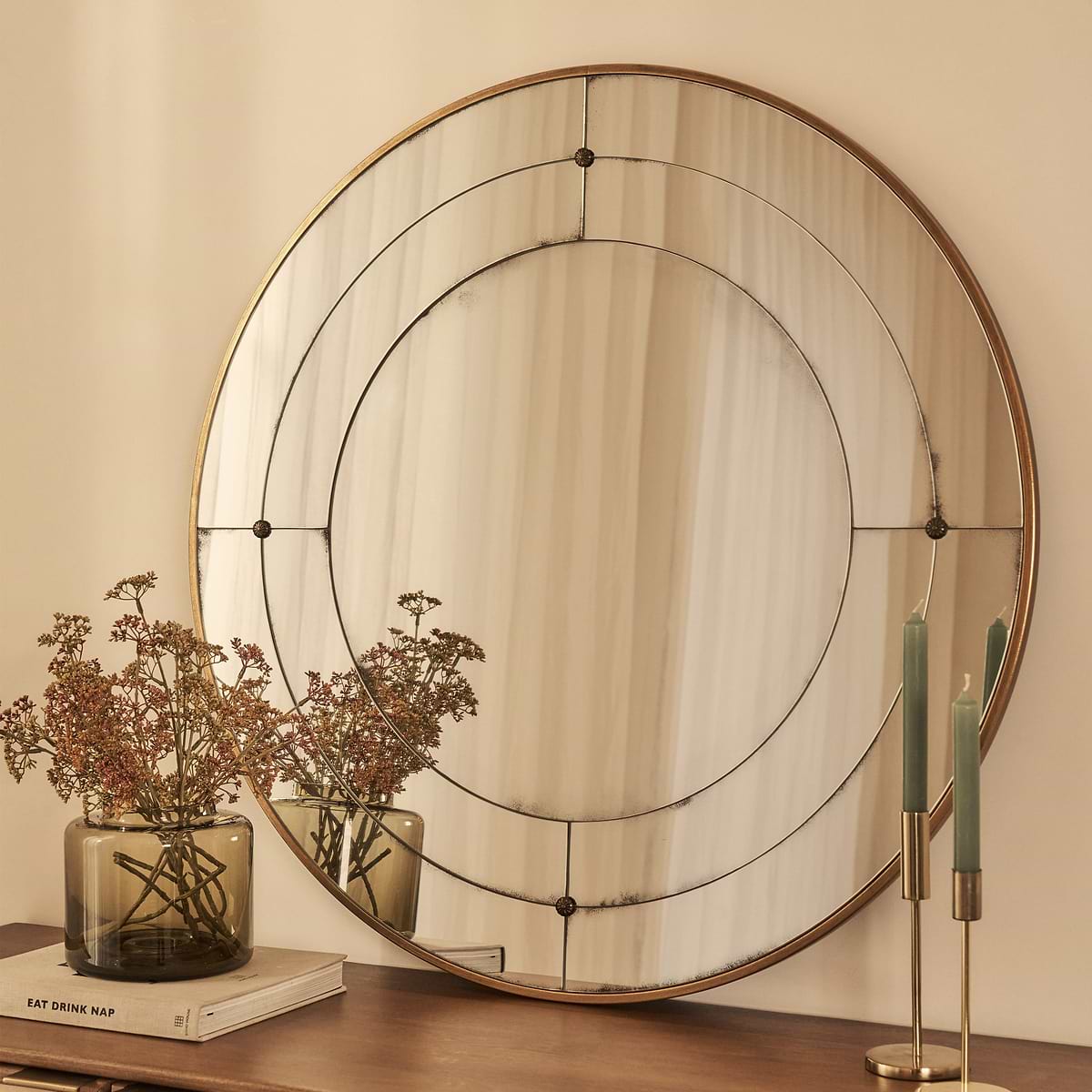 Teramo - Gold Antique Glass Round Metal Wall Mirror 90cm x 90cm