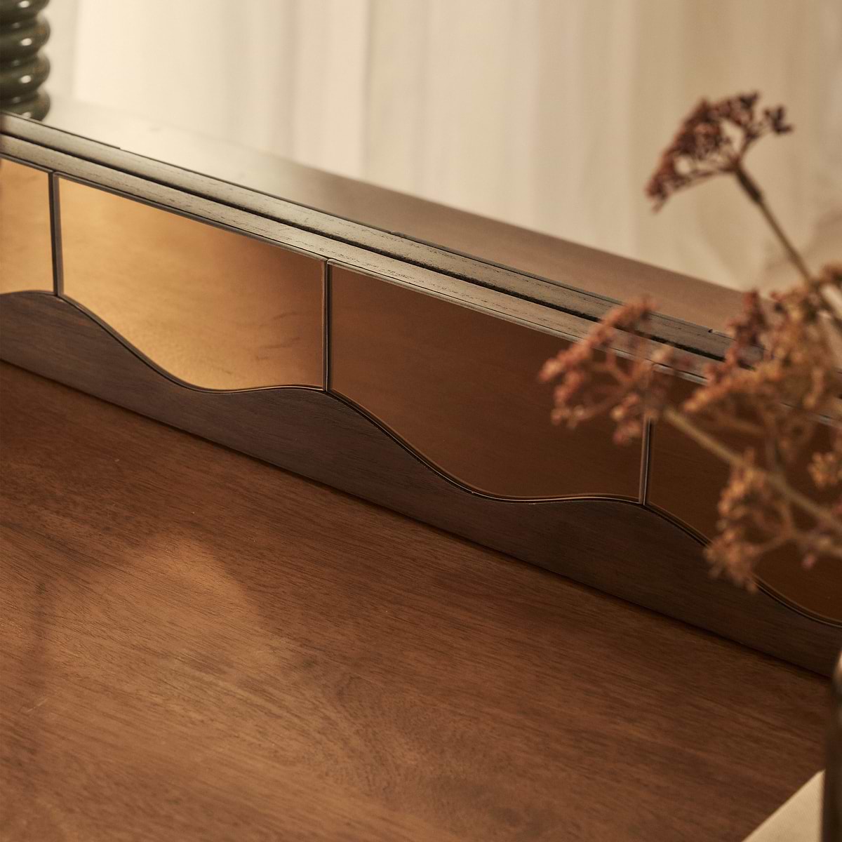 Mirella - Dark Wood Arched Wooden Overmantle Mirror 120cm x 100cm