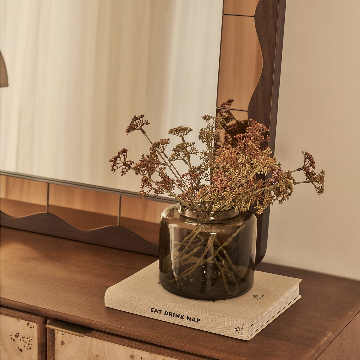 Mirella - Dark Wood Arched Wooden Overmantle Mirror 120cm x 100cm