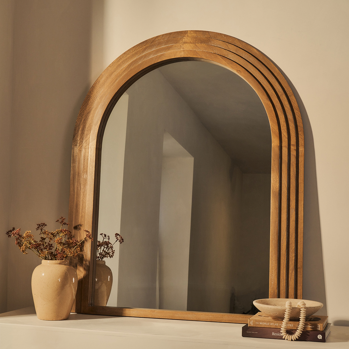 Luciana - Washed Wood Arched Overmantle Mirror 120cm x 100cm