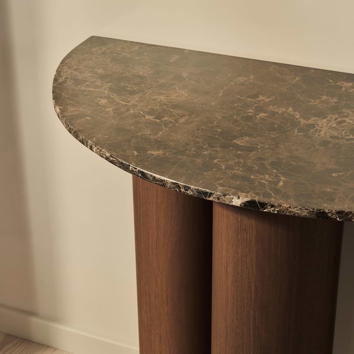 Trivium - Dark Emperador Curved Dark Wood Premium Console Table