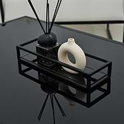 Black modern large rectangle tinted mirrored decorative tray adorned with incense and ceramics