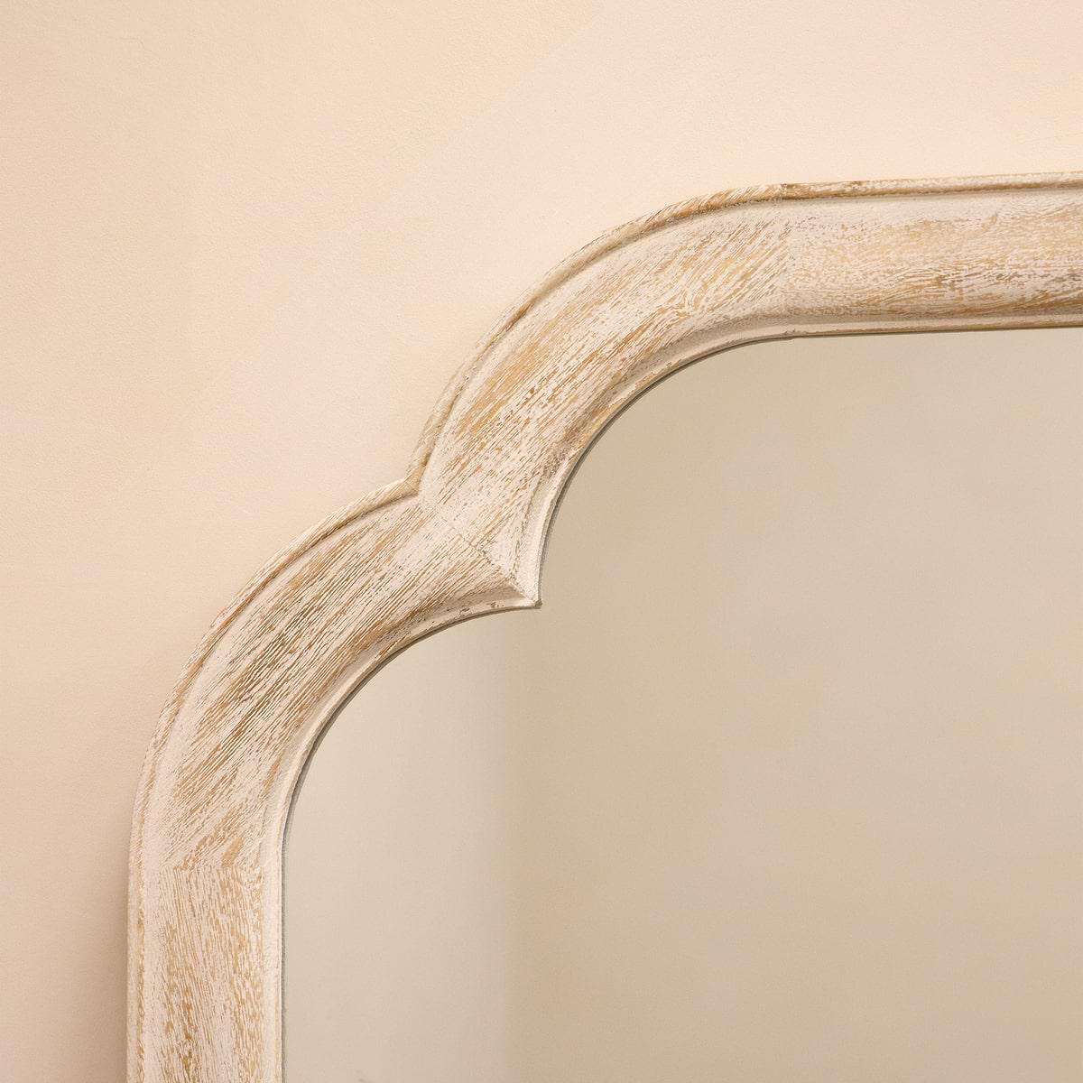 Full Length White Washed Wood Arched Mirror detail shot of distressed wood design