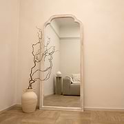 Full Length White Washed Wood Arched Mirror in mood lighting