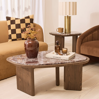 Belmont - Red Marble Irregular Dark Wood Coffee Table