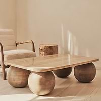 Melrose - Beige Travertine Rectangular Warm Wood Premium Coffee Table