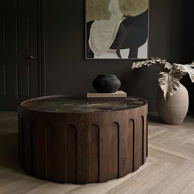 Valor - Dark Emperador Marble Round Dark Wood Premium Coffee Table