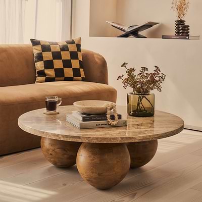 Melrose - Light Emperador Marble Round Warm Wood Premium Coffee Table