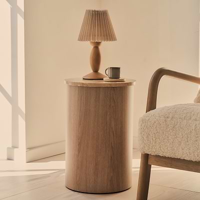 Madison - Beige Travertine Round Washed Wood Side Table