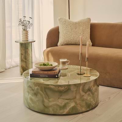 Atella - Green Onyx Round Premium Solid Marble Coffee Table