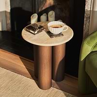 Trivium - Beige Travertine Round Dark Wood Premium Side Table