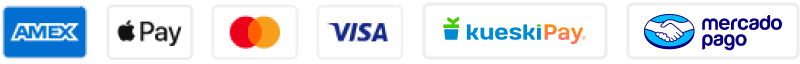 American Express, Apple Pay, Mastercard, Visa, Kueski Pay y Mercado Pago