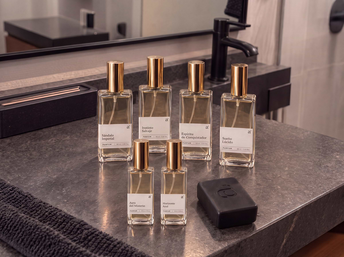 Colección de perfumes Aromante con fragancias de viaje y jabón sobre una encimera