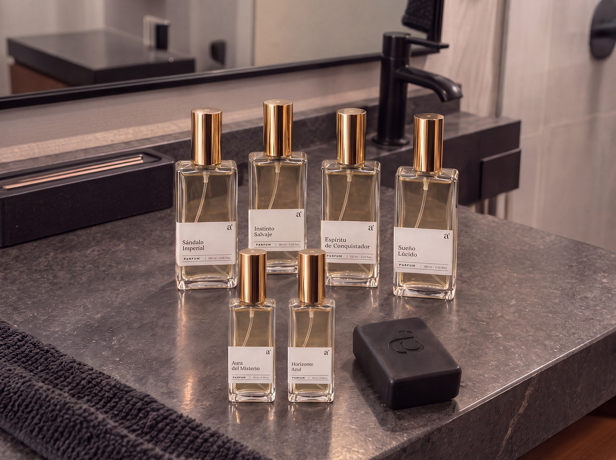 Colección de perfumes Aromante con fragancias de viaje y jabón sobre una encimera