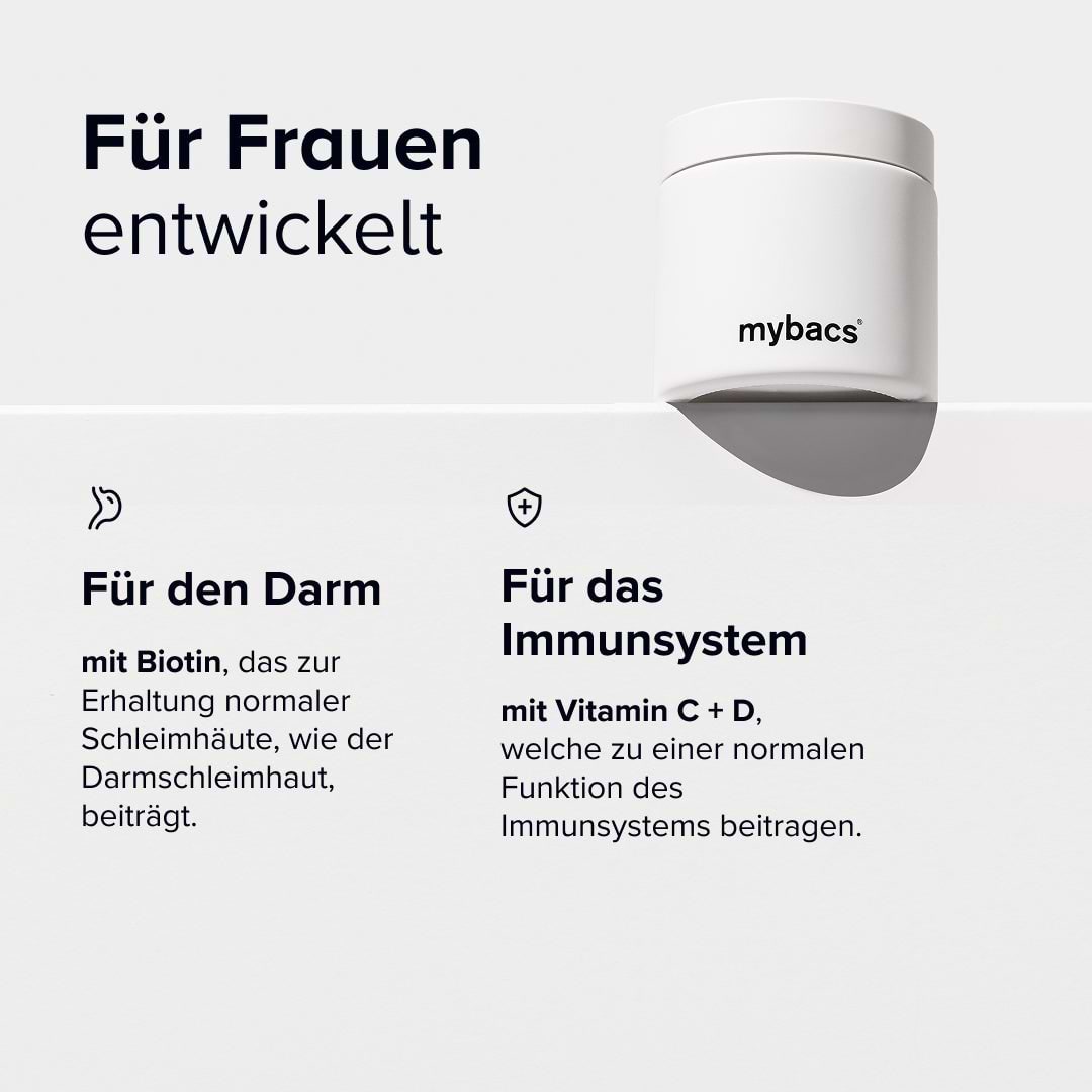 Dailybacs® Women – für Frauen entwickelt, mit Vitamin C und D für die Funktion des Immunsystems sowie Biotin für die Erhaltung der Darmschleimhaut.