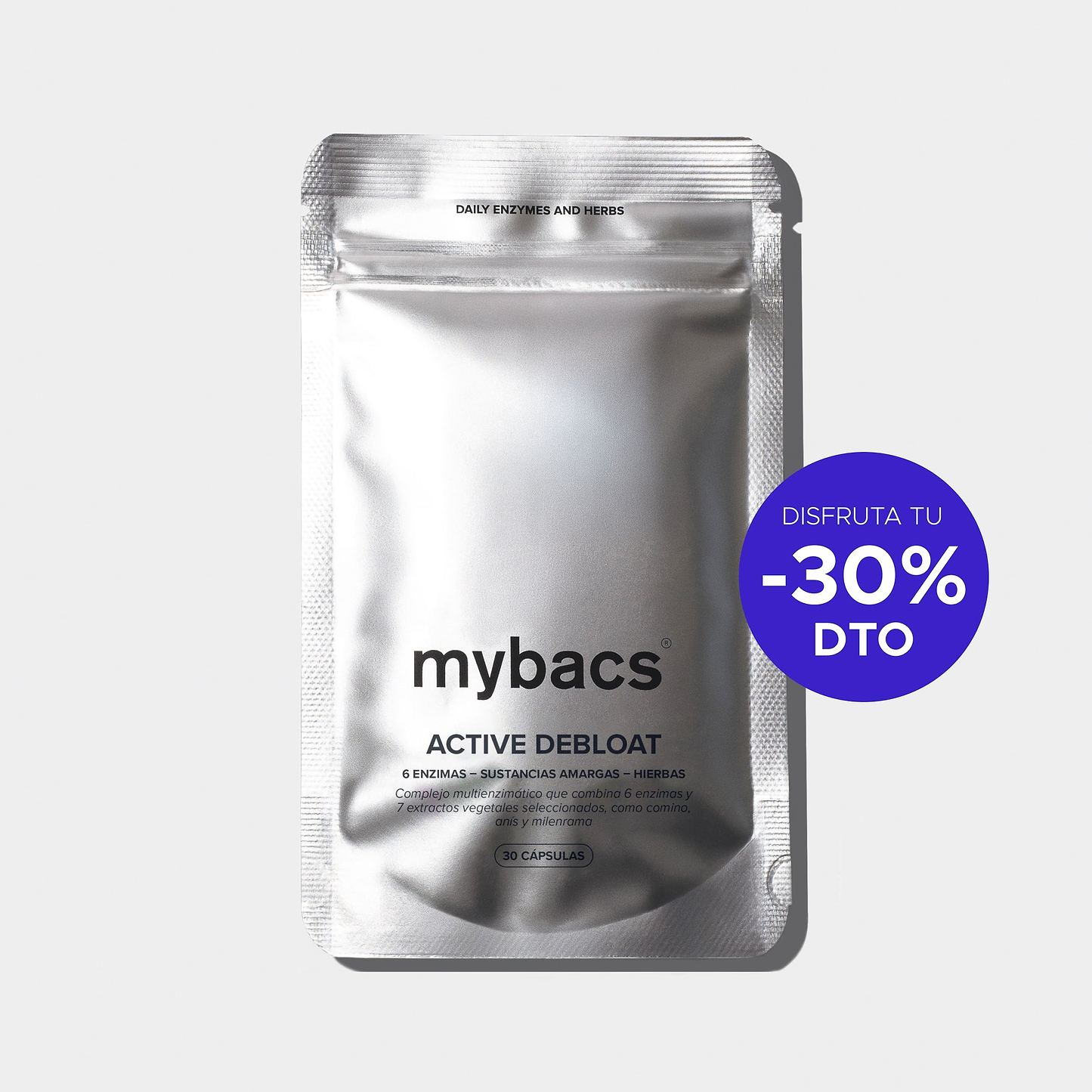 Active Debloat de mybacs. Complejo enzimático para reducir la hinchazón y mejorar la digestión después de comidas copiosas.