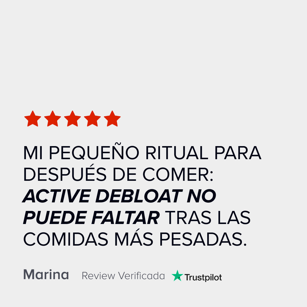 Review de 5 estrellas de clientes sobre Active Debloat de mybacs. Comentarios positivos sobre la sensación después de comer