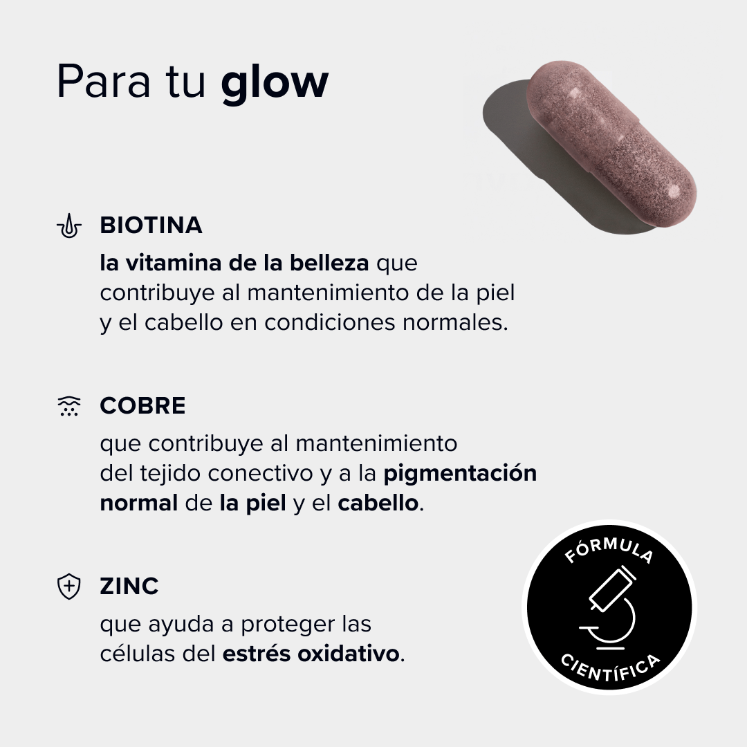 Radiant Glow de mybacs contiene ingredientes naturales como biotina, cobre y zinc para una piel y pelo más radiantes, gracias a las vitaminas de la belleza.
