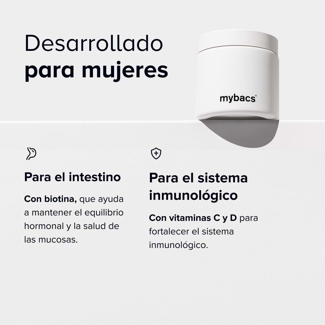 Dailybacs® Mujeres. Desarrollado para mujeres; contiene Vitamina C y D para el sistema inmunitario, además de Biotina para la salud de la piel y el cabello.