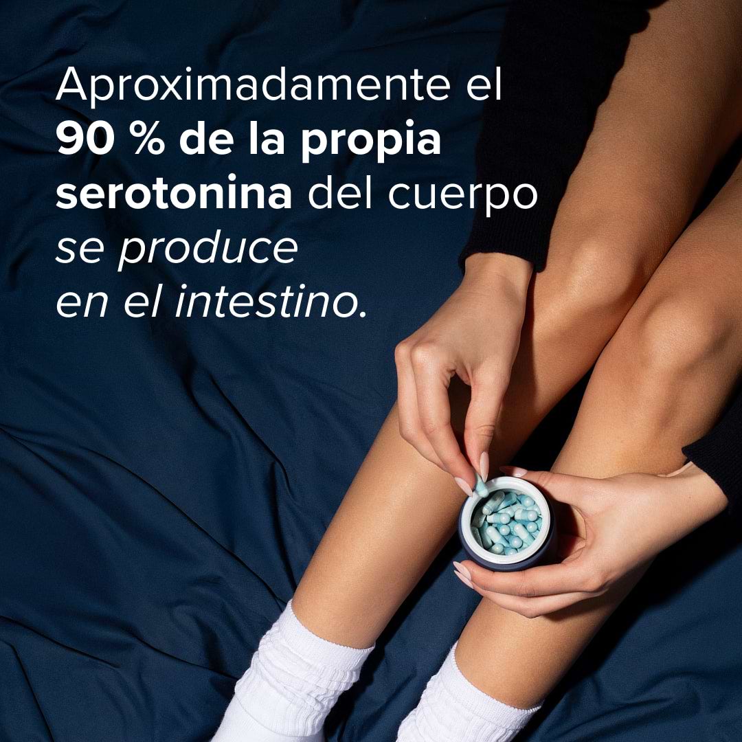 Cápsulas probióticos Brainbacs de mybacs – aproximadamente el 90% de la serotonina del cuerpo se produce en el intestino.