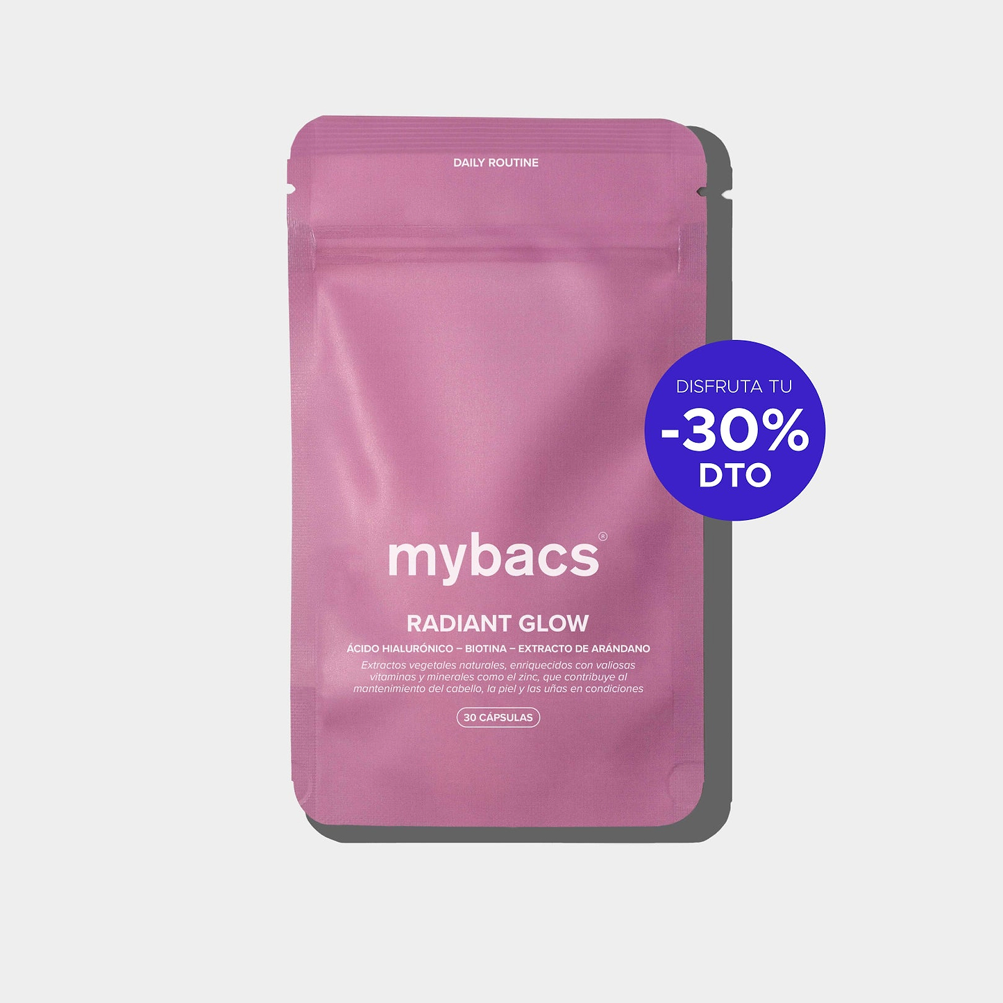 Radiant Glow de mybacs. Con ácido hialurónico y biotina para fortalecer la piel, el cabello y las uñas