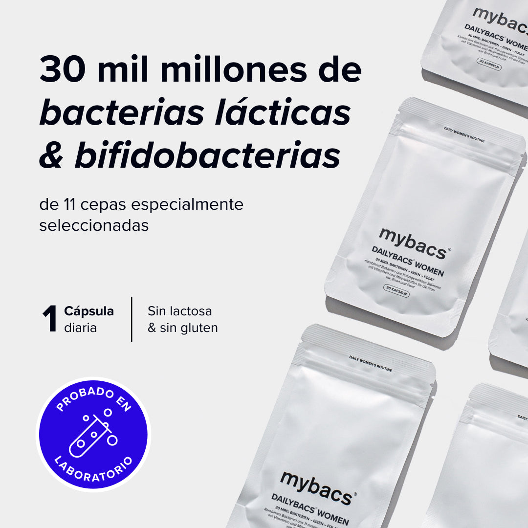 Dailybacs® Mujeres. 30 mil millones de bacterias lácticas y bifidobacterias por cápsula. Toma de 1 cápsula al día, con calidad testada en laboratorio.