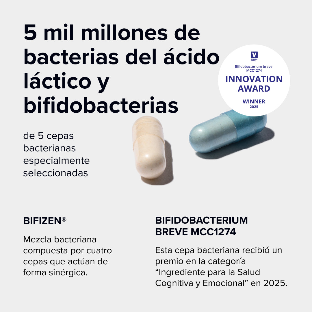 Brainbacs con 5 mil millones de bacterias lácticas y bifidobacterias de 5 cepas seleccionadas – con BIFIZEN® y Bifidobacterium breve MCC1274.