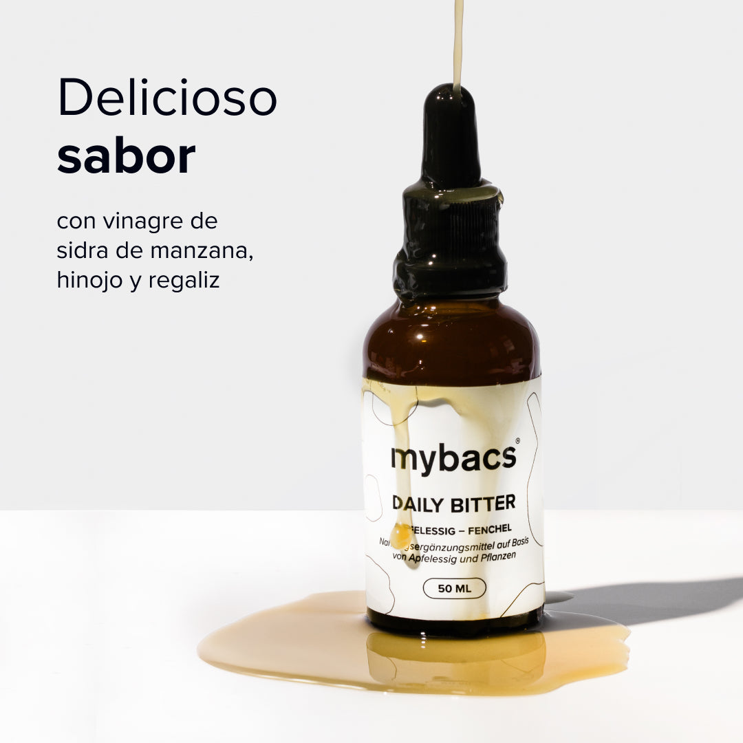 Deliciosas gotas amargas sabor manzana, hinojo y regaliz Daily Bitter mybacs para controlar el hambre.