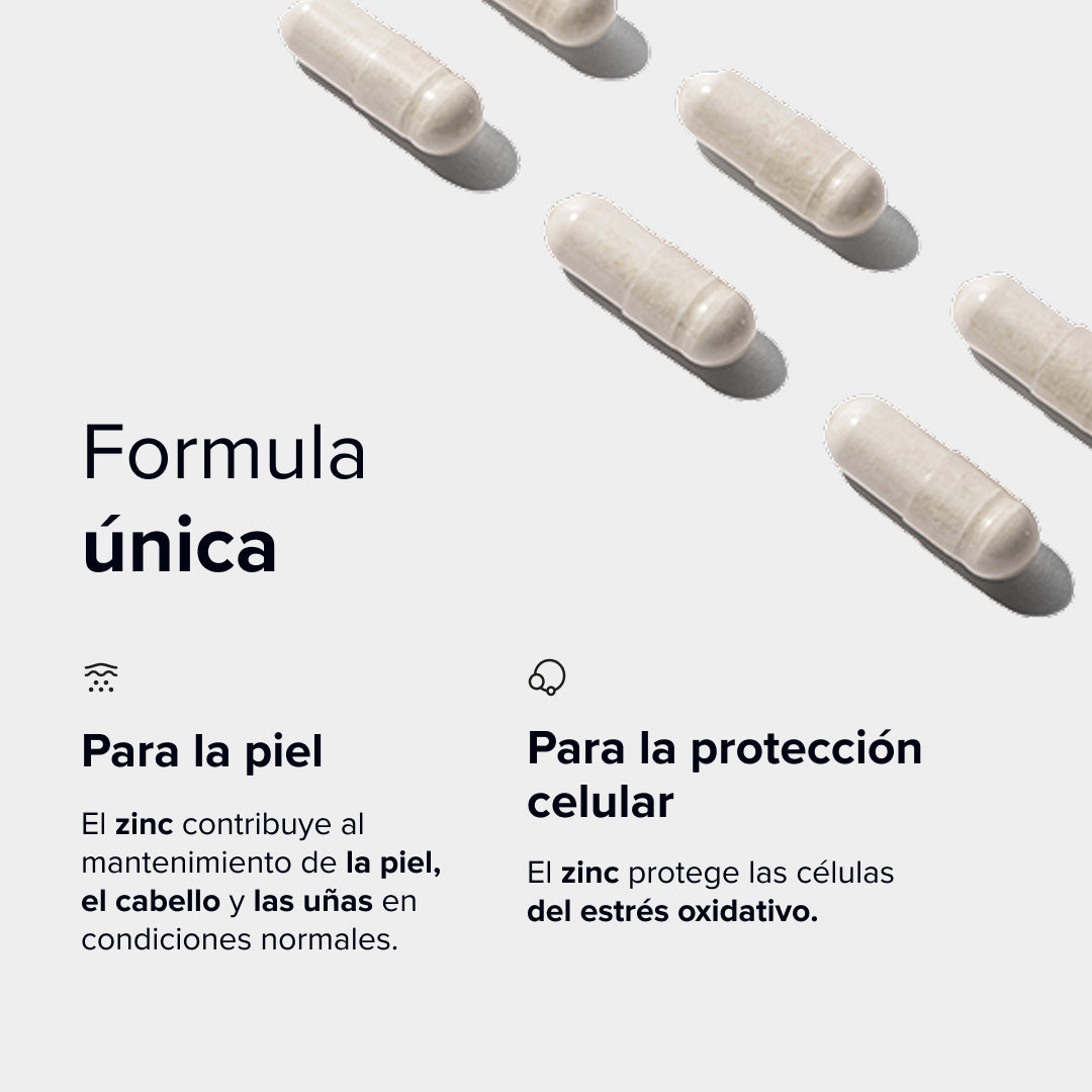 Formulación única de Dermabacs con zinc – contribuye al mantenimiento de la piel, el cabello y las uñas en condiciones normales y protege las células frente al estrés oxidativo