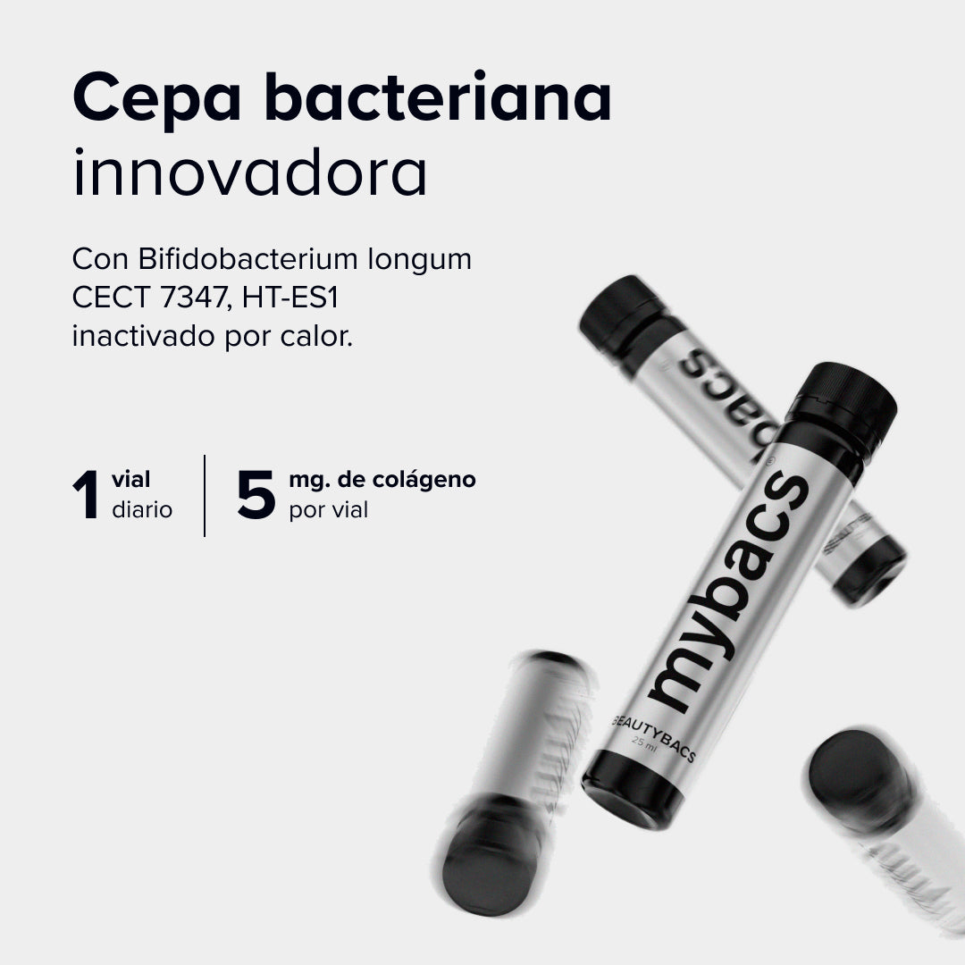 Ampollas mybacs Beautybacs con colágeno y la cepa bacteriana Bifidobacterium longum CECT 7347.