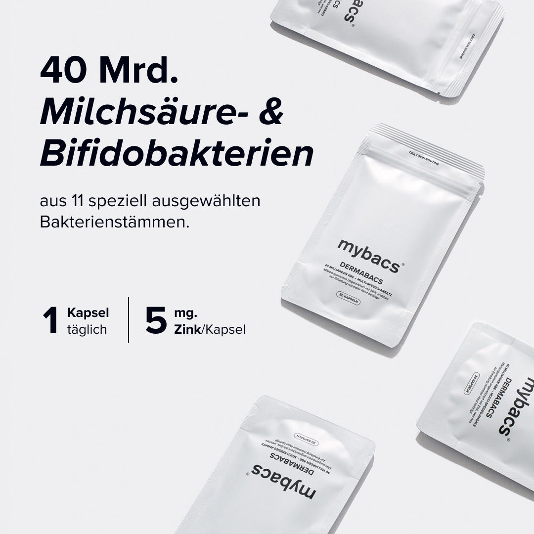 Dermabacs® mit 40 Milliarden Milchsäure- und Bifidobakterien aus 11 ausgewählten Stämmen und 5 mg Zink pro Kapsel