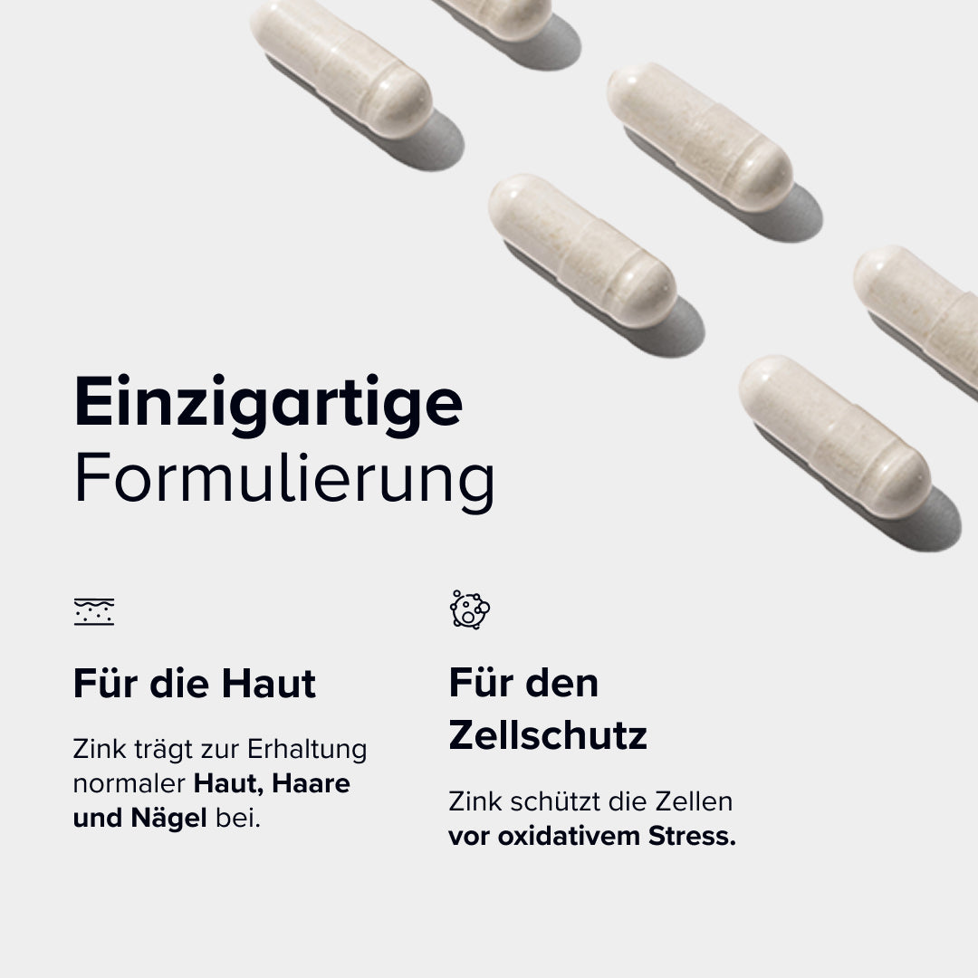 Dermabacs® einzigartige Formulierung mit Zink – trägt zur Erhaltung normaler Haut, Haare und Nägel bei und schützt die Zellen vor oxidativem Stress.
