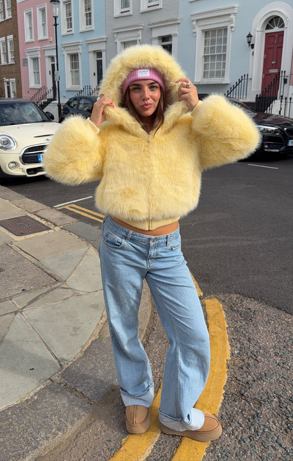 Coming Soon Yellow Flossie Faux Fur Bomber Jacket