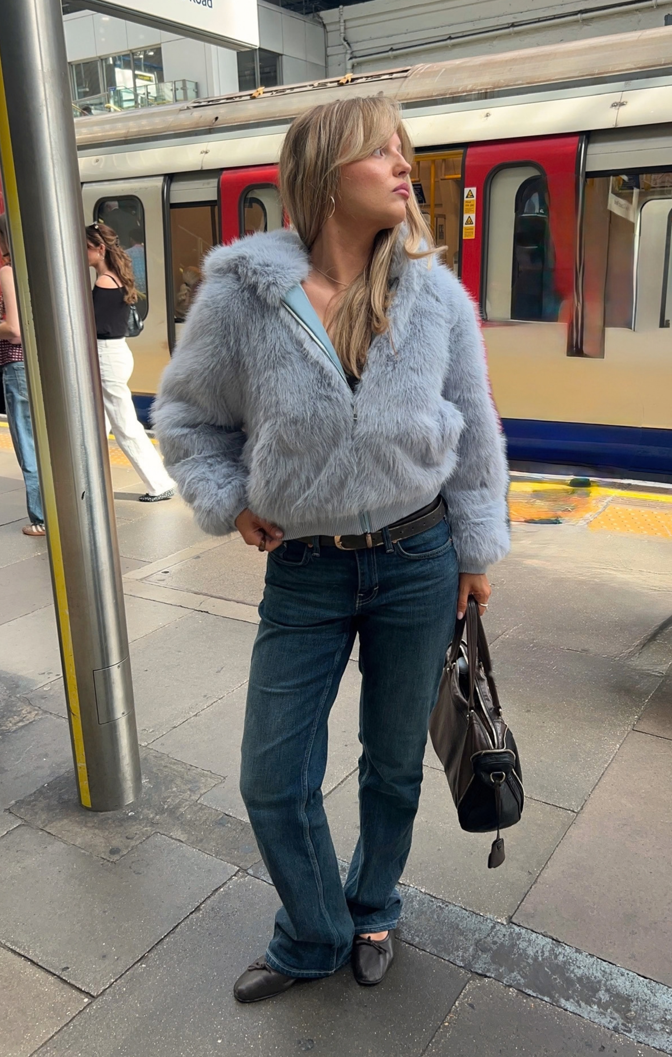 Coming Soon Blue Flossie Faux Fur Bomber Jacket