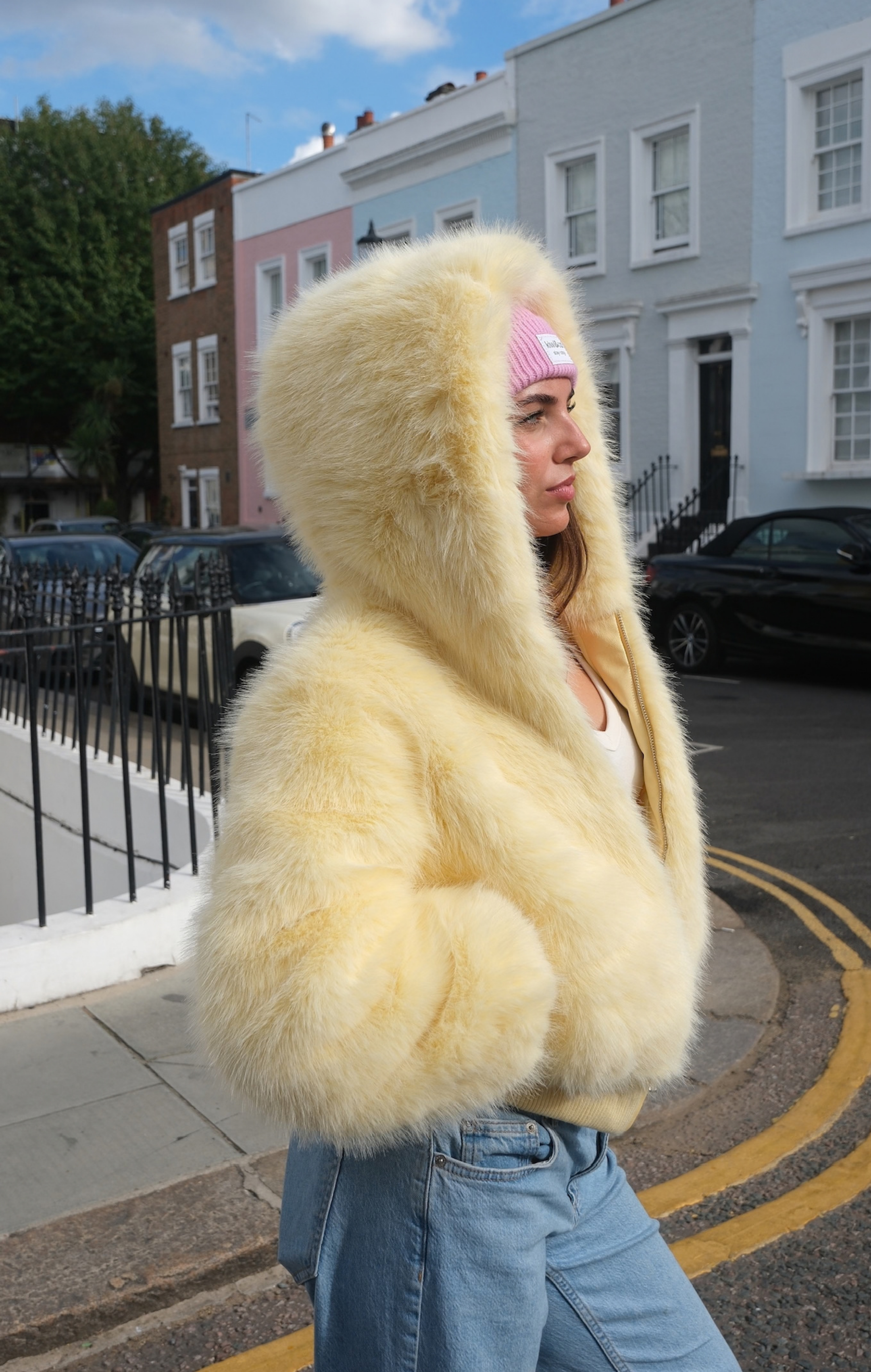 Yellow Flossie Faux Fur Bomber Jacket