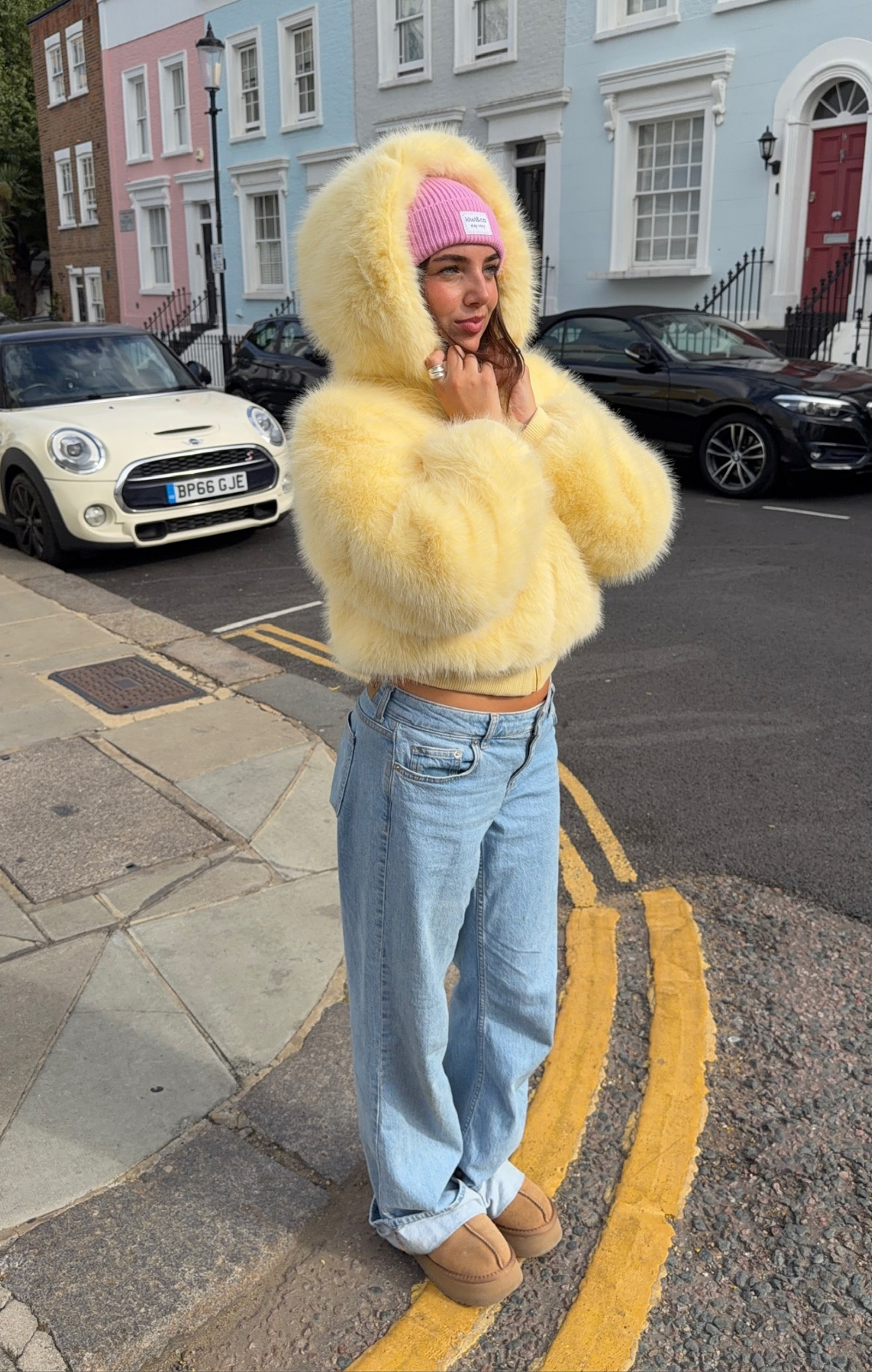 Yellow Flossie Faux Fur Bomber Jacket